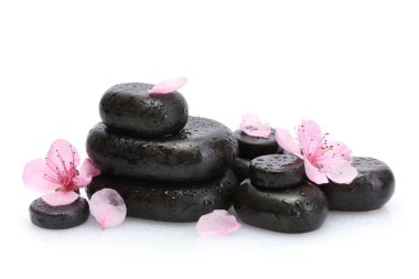 Spa taş düşer ve üzerinde beyaz izole pembe sakura çiçek