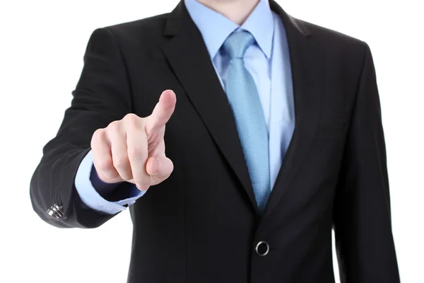 Hombre de negocios en un traje apuntando a una pantalla aislada en blanco — Foto de Stock