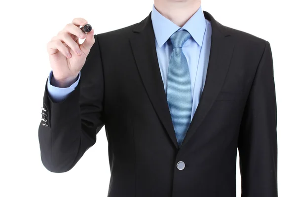 Hombre de negocios escribiendo en la pantalla aislado en blanco —  Fotos de Stock