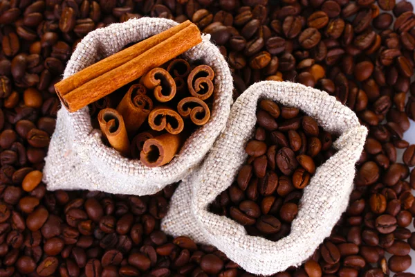 Kávová zrna a skořice v plátno pytle — Stock fotografie