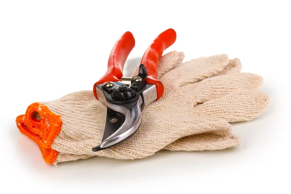 Pruner on garden gloves isolated on white — Zdjęcie stockowe
