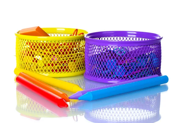 Containers with paper clips, pencils and erasers isolated on white — Stock Photo, Image