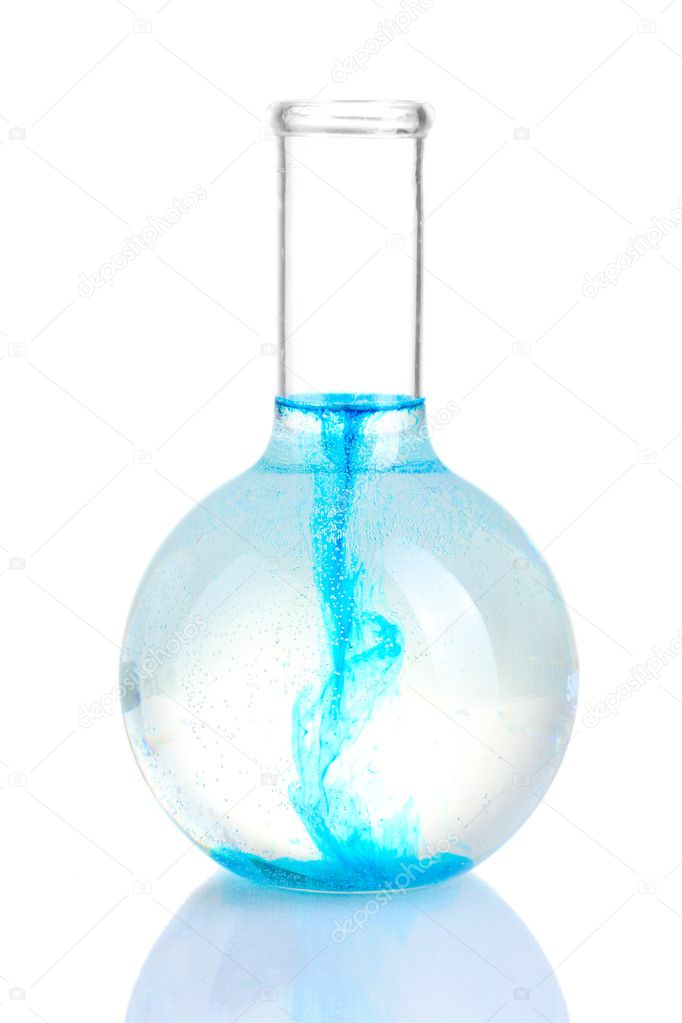 Brightly ink in a flask with water isolated on white