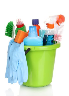 Cleaning items in bucket isolated on white clipart