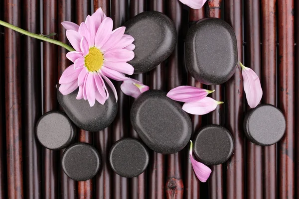 Spa stones and flower on bamboo mat — Stock Photo, Image