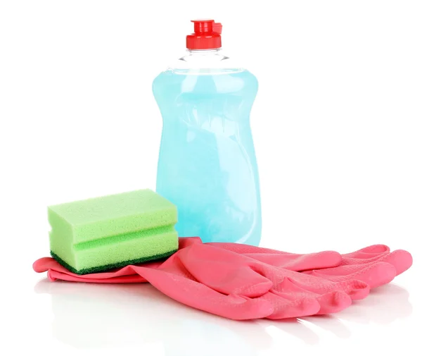 Liquido per lavastoviglie con guanti e spugna isolati su bianco — Foto Stock