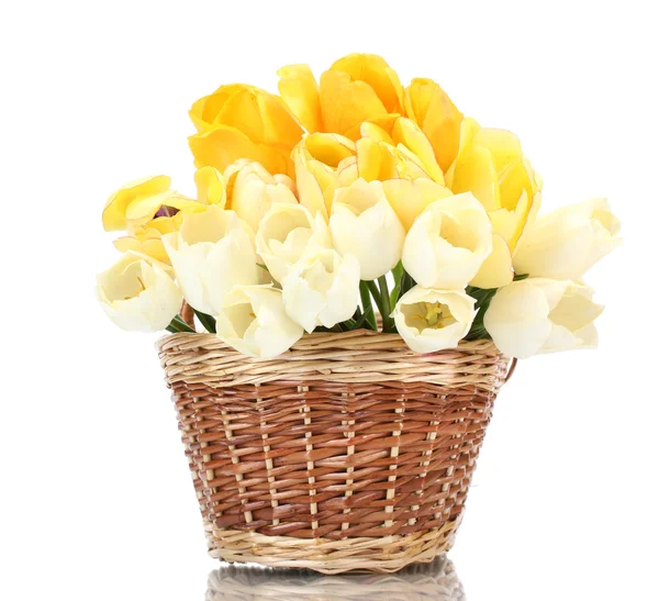 Schöne Tulpen im Korb isoliert auf weiß — Stockfoto