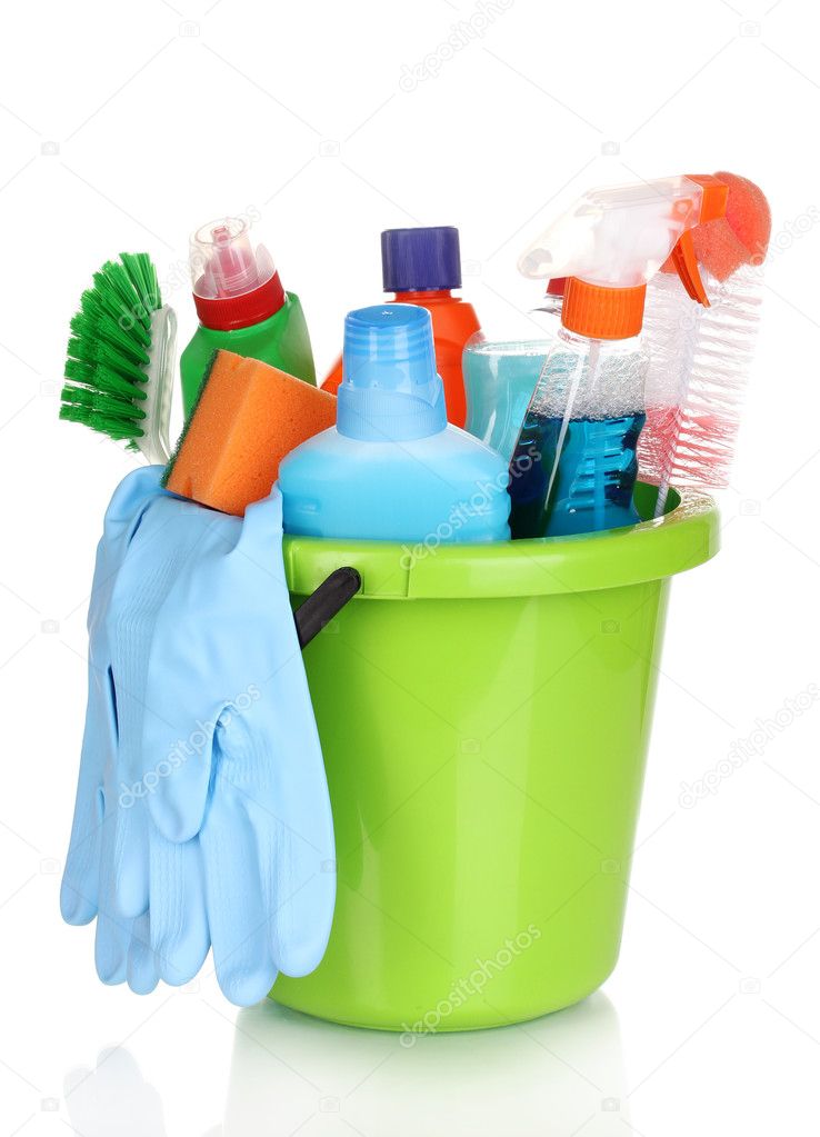 Cleaning items in bucket isolated on white