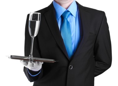 Formal waiter with a glass of water on silver tray isolated on white clipart