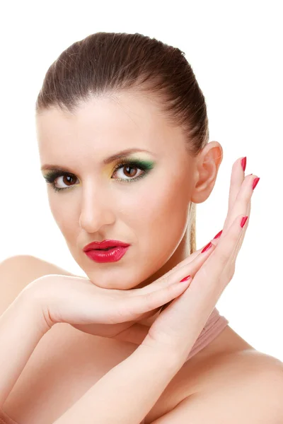 Porträtt av sexig ung kvinna med glamour make up och rött manikyr — Stockfoto