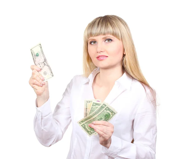 Mulher de negócios segurando dinheiro isolado em branco — Fotografia de Stock