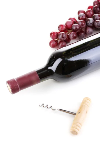 Garrafa de grande vinho e saca-rolhas isolada em branco — Fotografia de Stock