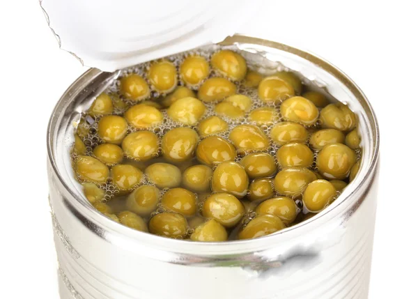 エンドウ豆の白で隔離のオープン缶 — ストック写真