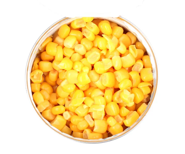 Open tin blikje maïs close-up geïsoleerd op wit — Stockfoto