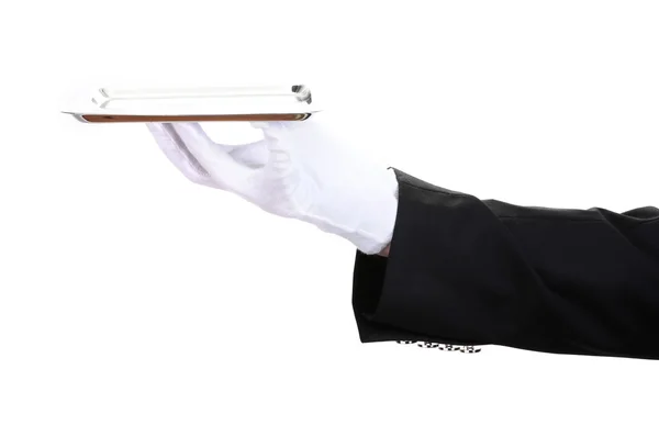 Офіціант зі срібним підносом ізольовано на білому — стокове фото