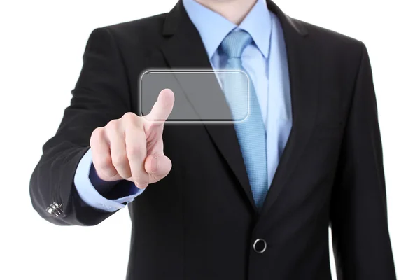 Hombre de negocios en traje apuntando en la pantalla aislado en blanco —  Fotos de Stock