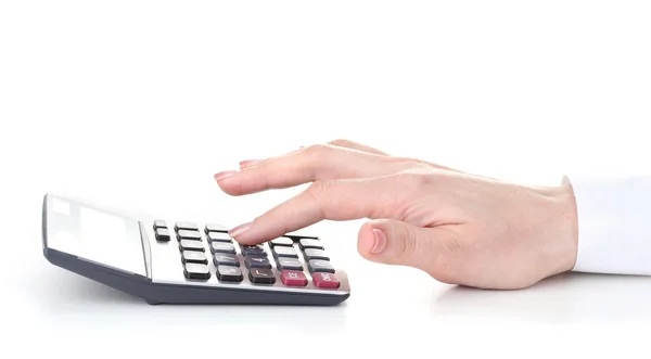 Vrouwen hand en rekenmachine geïsoleerd op wit — Stockfoto