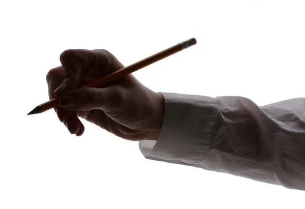 Силуэт женской руки с карандашом изолирован на белом — стоковое фото