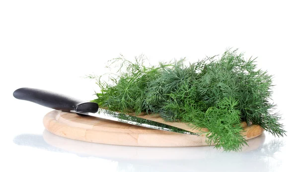 Dill on a cutting board with knife isolated on white — Stock Photo, Image