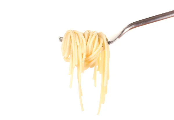 Delicious spaghetti on a fork close-up on white background — Stock Photo, Image