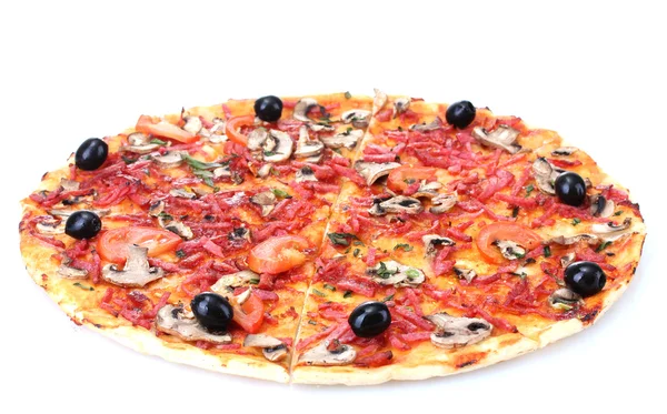 与蔬菜和孤立在白色的腊肠美味披萨 — 图库照片