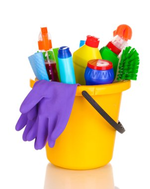 Cleaning items in bucket isolated on white clipart