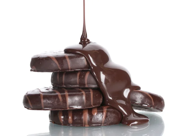 Сhocolate cookies poured chocolate isolated on white — Stock Photo, Image