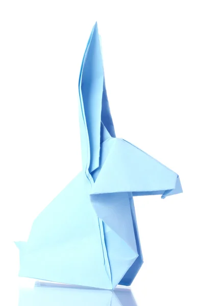 Królik origami z niebieskiego papieru na białym tle — Zdjęcie stockowe