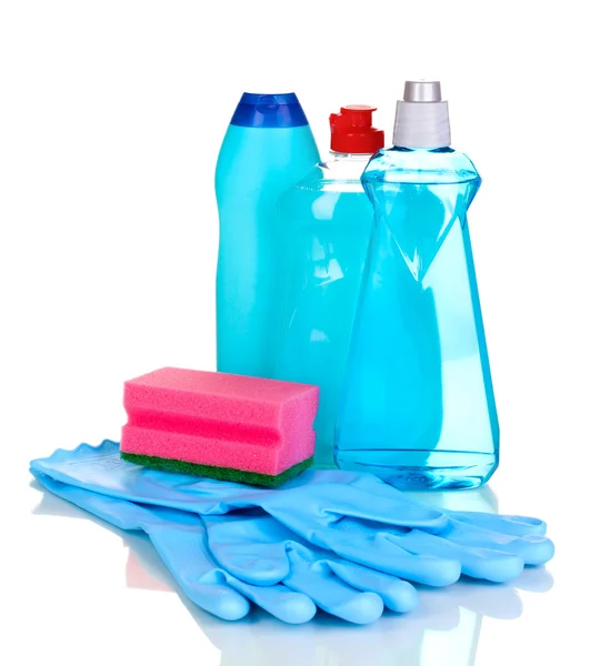 Detergentia conform zijn aan handschoenen en spons geïsoleerd op wit — Stockfoto