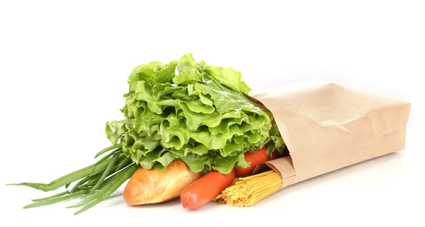 Saco de papel com alimentos isolados em branco — Fotografia de Stock
