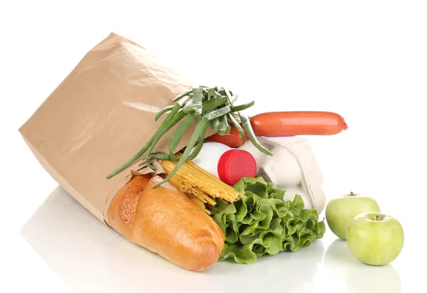 सफेद पर अलग भोजन के साथ पेपर बैग — स्टॉक फ़ोटो, इमेज