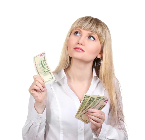 Business woman holding money isolated on white — Stock Photo, Image