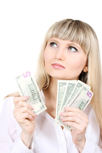 Zakenvrouw aanhouden van geld geïsoleerd op wit — Stockfoto