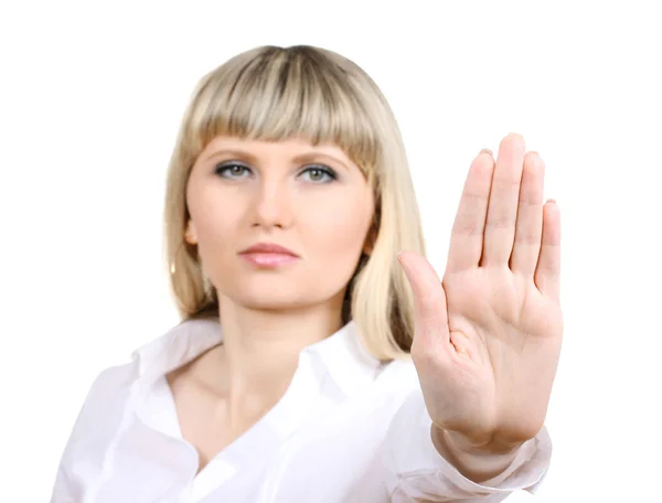Jonge vrouw stop gebaar geïsoleerd op wit maken — Stockfoto