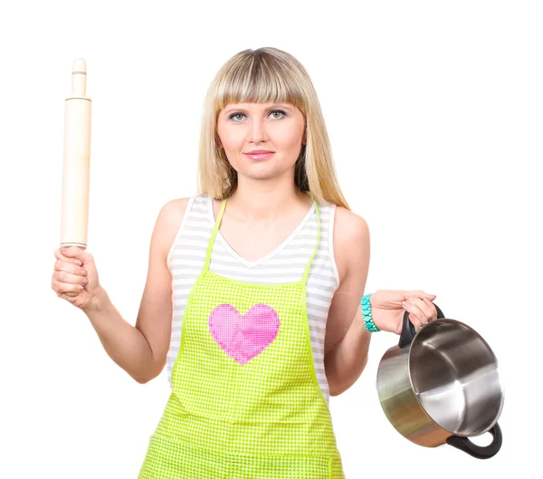 Beautiful young housewife with pan and plunger isolated on white — Stock Photo, Image