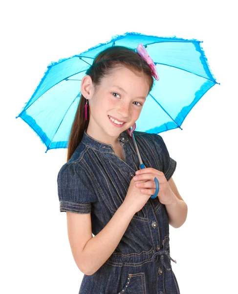 Portrait de belle petite fille avec parapluie Isolé sur blanc — Photo