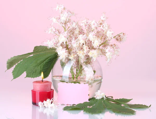 Složení váza kaštany květin, svíčky a poznámku o barevné pozadí — Stock fotografie