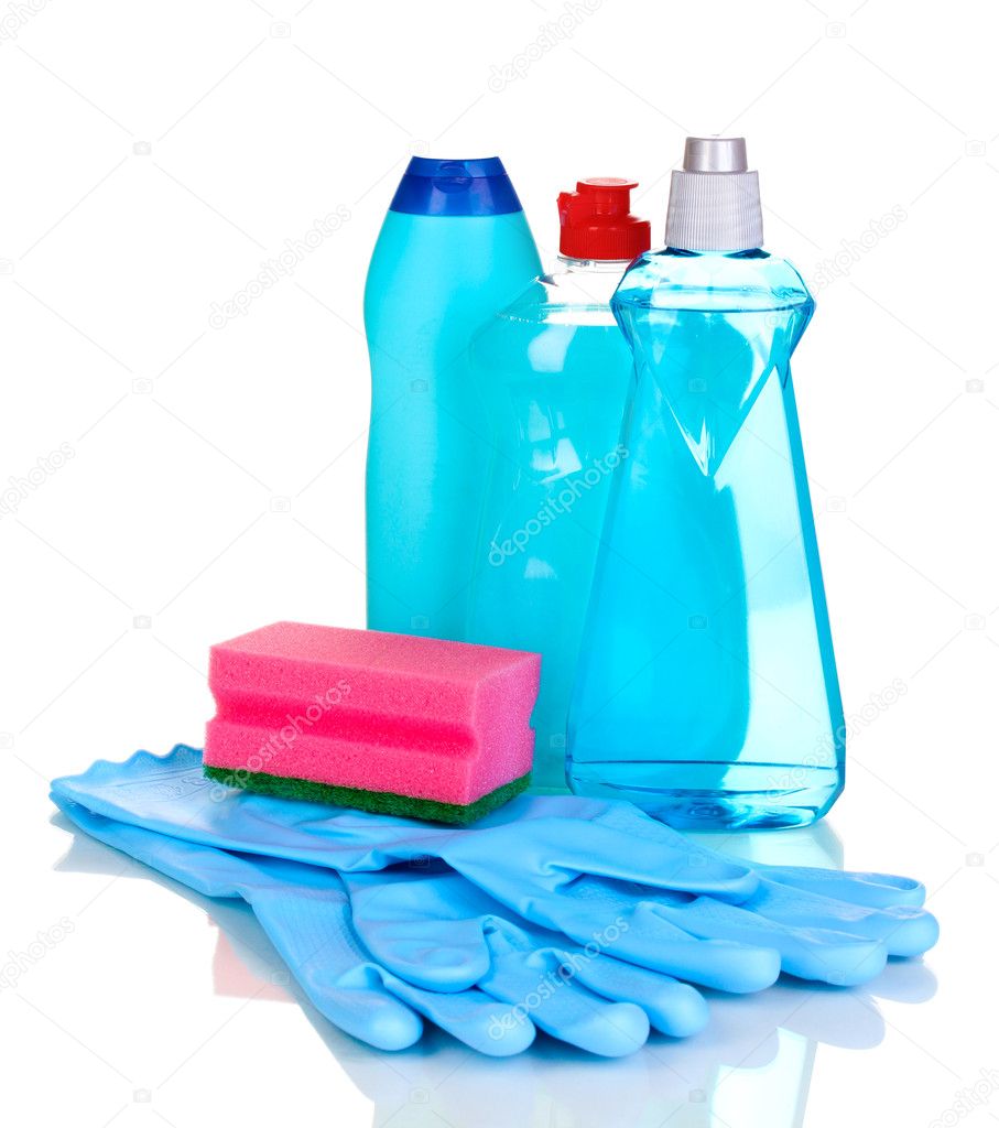 Detergents with gloves and sponge isolated on white