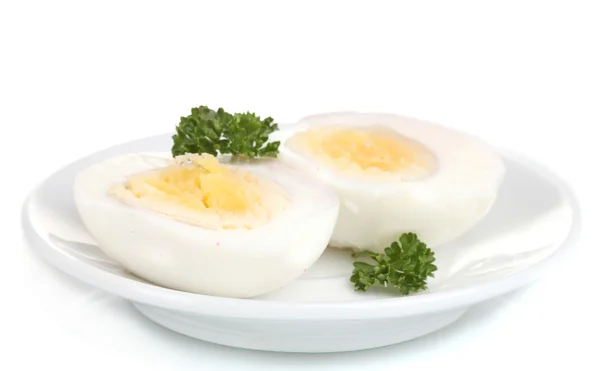 Ovos fervidos saborosos e salsa na chapa isolada no branco — Fotografia de Stock