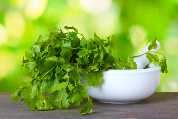 Coriander in a mortar and pestle on green background — Stock Photo, Image