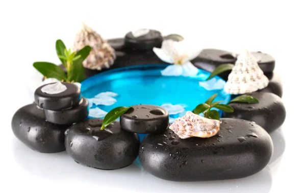 Composition des pierres de spa, de l'eau bleue, des pétales et des feuilles isolés sur gros plan blanc — Photo