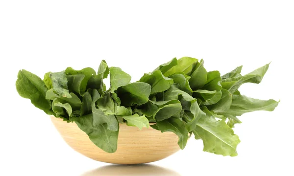 Fresh sorrel in wooden bowl isolated on white — Stock Photo, Image