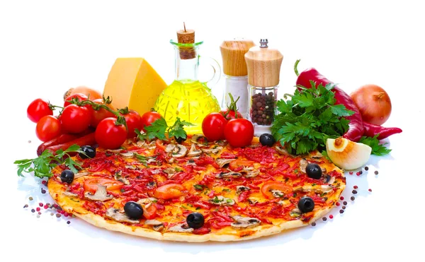 Delicious pizza and vegetables isolated on white — Stock Photo, Image