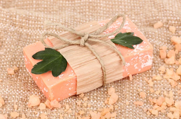 Hand-made natural soap on sackcloth — Stock Photo, Image