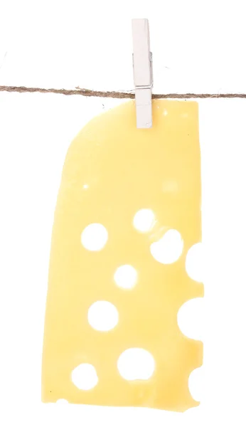 Käse am Seil isoliert auf weiß — Stockfoto