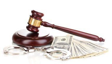 Dollar banknotes, handcuffs and judge's gavel isolated on white clipart