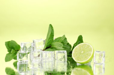 Fresh mint leaf and ice cubes with droplets and lime on green background