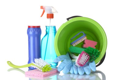 Composition of cleaning products with a bucket isolated on white clipart