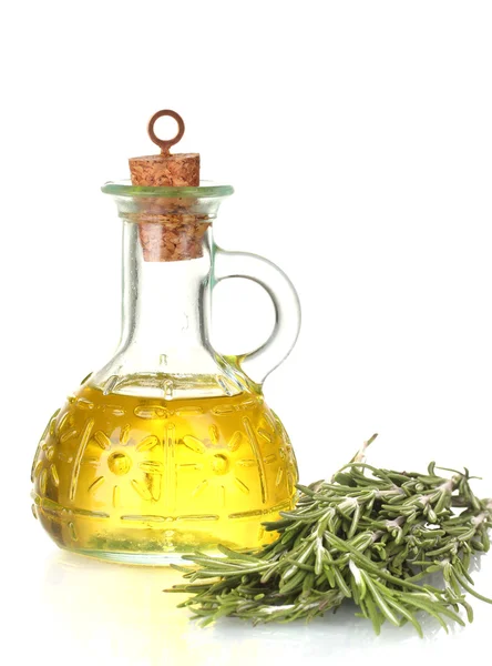 Oil in a bottle and fresh rosemary isolated on white — Stock Photo, Image