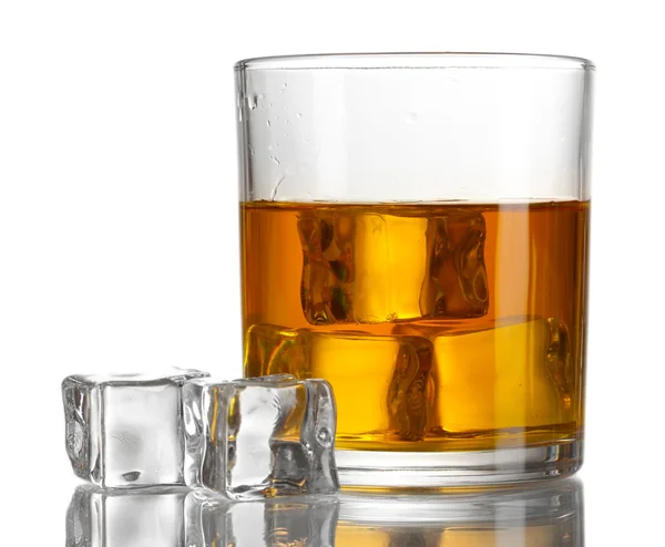 Glass of whiskey and ice isolated on white — Stock Photo, Image